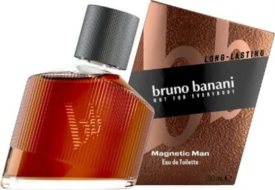 A bottle of Bruno Banani Magnetic Man Eau de Toilette and its packaging are displayed against a white background.