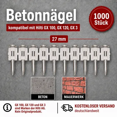 Obrázok produktu pre Klince do betónu 27 mm 1000 kusov vhodné pre plynové klincovačky Hilti GX 100, GX 120, GX 3