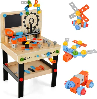 Produktbild von Werkbank Kinder, Werkzeugbank für Kinder aus Holz mit 6 Werkzeugen und 75 Zubehör, Werkzeug Spielzeug Set mit Kreidetafel und hängendem Werkzeughalter für Kinder ab 3 Jahren