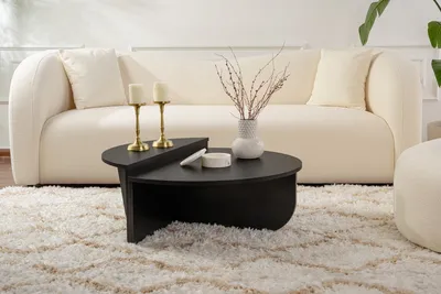 A modern living room scene with a couch, coffee table, and rug.