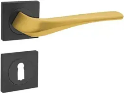 A door handle set with a black square rosette and a gold handle, shown with a separate black keyhole escutcheon.