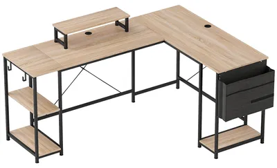 Produktbild von L-förmiger Schreibtisch, Vielseitiger Bürotisch mit einstellbaren Regalen und Aufbewahrungstasche, Monitorständer, Natur