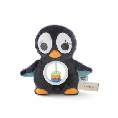 A plush penguin toy with a rattle and stacking rings inside a clear window.