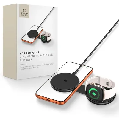Obrázok produktu pre TECH-PROTECT A55, bezdrôtová nabíjačka 2 v 1 s magnetickým pripojením MagSafe, 25 W, štandard Qi2.2, čierna