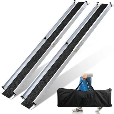Produktbild von 2 x 87-152 cm Rollstuhlrampe, Aluminium Auffahrrampe, Rampe Rollstuhl bis 300 kg,Teleskoprampe mit Textiltasche, Rollstuhlrampe Klappbar, Rollstuhlrampen, Treppenrampe für Rollstuhl
