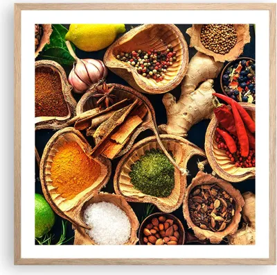 Produktbild von Gerahmtes Poster - Rahmen in heller Eiche - Küche Essen Kräuter Gewürze - 60x60 cm - Wand Bild - Wanddeko - Wandbilder - Wandposter - Bilderrahmen - Bilder - Kunstdruck - Wandbild - P2NAC60x60-2844