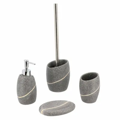 Obrázek produktu pro Tendance sada koupelnových doplňků 4dílná dávkovač mýdla miska na mýdlo zubní kartáček bubínek WC štětka šedá polyresin 9,1x8,5x17 cm