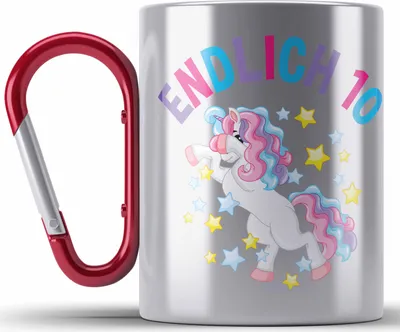 Produktbild von Trendation - 10. Geburtstag Edelstahl Tasse Karabiner Geschenk Mädchen Tochter Einhorn Pferde 10 Jahre Alt Geburtstagsgeschenk Idee (Rot)