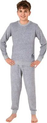 Produktbild von Cooler Jungen Frottee Pyjama langarm Schlafanzug mit Bündchen - 62103 ; grau , 128