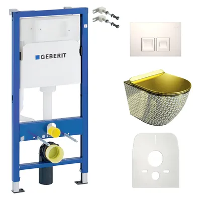 Produktbild von DOMINO Geberit Duofix Basic Vorwandelement + Wand-WC Tiefspül Sofi Slim Becken Golden Never Die Spülrandlos + Bedienplatte Delta 25 für Doppelspülung