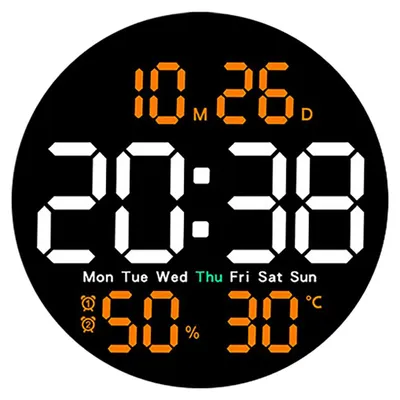 A digital clock face displaying the time, date, day of the week, temperature, and alarm status.
