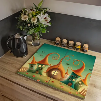 Zdjęcie produktu dla Dwuczęściowa płyta pokrywająca kuchenkę banjado, każda o wymiarach 30 x 52 cm, z gumowymi podkładkami dystansowymi, szkło bezpieczne ESG z motywem Zwergenhausen [HAP2 11103]