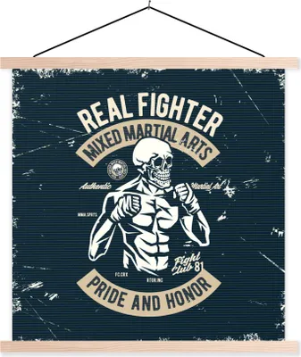 Produktbild von MuchoWow® Textilposter Kampfsport - Skelett - Retro - Zeichnung 60x60 cm mit holzfarbenen Rahmen - Wanddekoration