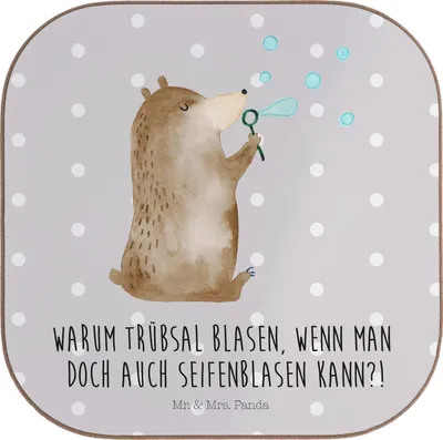 Produktbild von Mr. & Mrs. Panda Holzuntersetzer Bär Seifenblasen - Grau Pastell - Geschenk, Teddy, Tassen Untersetzer, Getränkeuntersetzer, gläseruntersetzer, Tasse, Coaster, für Gläser