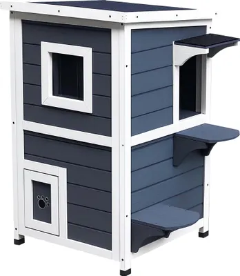 Produktbild von Winterfeste Outdoor-Katzenhütte aus Holz mit Asphaltdach, 2 Etagen, Treppen, Fenster, wasserdicht, 51x51x81,3 cm grau für Garten/Balkon