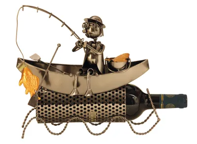 Produktbild von Moderner Wein Flaschenhalter Flaschenständer Fischer im Boot aus Metall in silber Höhe 27 cm
