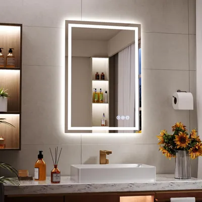 Image de Miroir de salle de bain LED, 70 x 50 cm, éclairage frontal et arrière, 3 modes d'éclairage, fonction mémoire, montage horizontal ou vertical