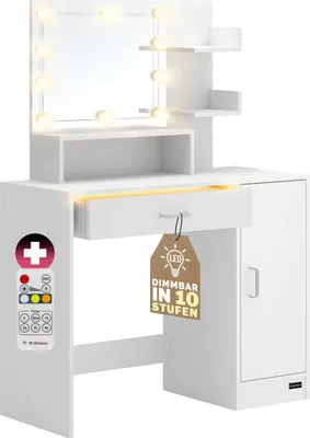 A white vanity table with a mirror and LED lights.