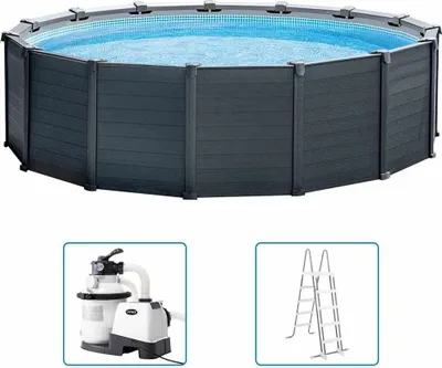 An above-ground swimming pool with its accessories.
