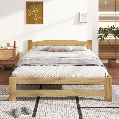 Produktbild von Merax Massivholzbett 140x200cm Futonbett aus Kiefer, Einzelbett mit Kopfteil und Lattenrost, Jugendbett Erwachsenenbett, natürliche Holzoptik, Natur