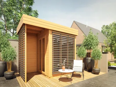 Produktbild von Gartenhaus Homeoffice Ivar 28 mm naturbelassen mit 164 cm Anbau