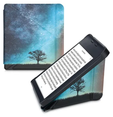 Produktbild von kwmobile Kunstleder eReader Schutzhülle für Kobo Libra 2 Hülle - Falt Cover für E-Reader in Blau Grau Schwarz - Galaxie Baum Wiese
