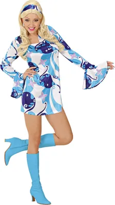 Produktbild von 70er Jahre Lady Retro Kostüm - Hippie Partykleid mit Haarband - Blau Größe: S, Farbe: Blau