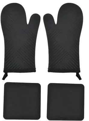 Immagine prodotto di Set di guanti da forno in silicone resistente al calore Unyqoos® – antiscivolo, a doppio strato con fodera in spugna, include 2 sottopentole in silicone resistenti al calore