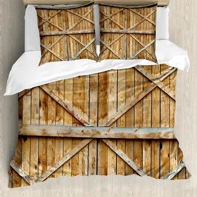 Produktbild von ABAKUHAUS Rustikal Bettbezug Set, Traditionelle Holz Tür Bauernhaus Architektur Antike Dörfliche Thematik  Foto, 155 x 220 cm + 80 x 80 cm, Braun