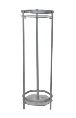 A tall, slender plant stand with a metallic gray frame and two glass shelves, presented against a white background.