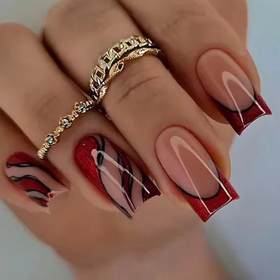 Obrázek produktu pro Umělé nehty na nalepování, krátké, francouzský styl, červená barva, akryl, 24 kusů