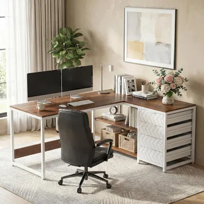 Image de Bureau d'angle - Bureau en L - Bureau informatique - Bureau - Poste de travail - 150x110 cm