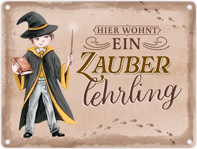 Produktbild von Zauberschüler Metallschild in 15x20 cm in gelb mit Spruch Hier wohnt ein