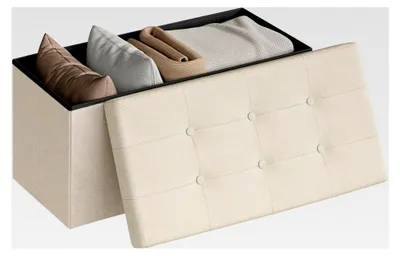 Produktbild von Sitzhocker mit Stauraum, faltbare Sitzbank, Aufbewahrungsbox mit abnehmbarem Deckel, gepolsterte Sitzfläche aus Leinen, 76x37,5x38 cm, Cremeweiß