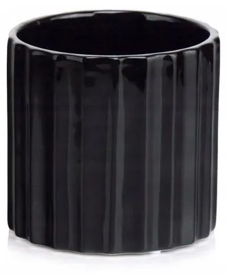 Produktbild von Keramik Blumentopf Übertopf rund 13 cm Schwarz geriffelt glänzend zylindrisch ohne Loch