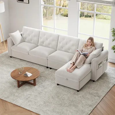 Image de MODFU Canapé d’Angle 4 Places - Design L Réversible avec Lit Intégré, Rangement Sous Assise et Poche Latérale, Steppung Confortable - Beige