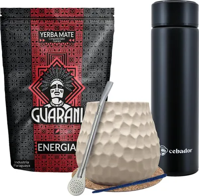 Produktbild von Guarani - Mate Tee Set Energia con Guarana 500g - LED Thermos 480ml - Mate Becher Keramik Weiß 400ml - Bombilla - Rauchig - Yerba Mate - Paraguay