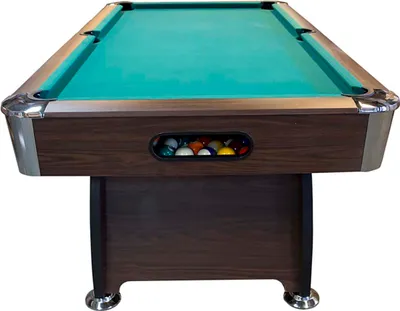 A billiard table with balls in a compartment.