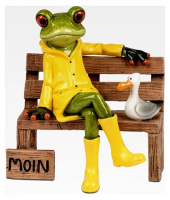 Produktbild von Frosch auf Bank mit Moin-Gruß und Möwe aus Kunststein, handbemalt, 13 cm