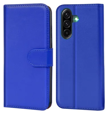 A blue flip case for a smartphone is shown from two angles: closed on the left and open on the right, revealing the phone's camera module and flash.