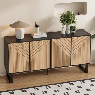 A modern sideboard with a wood-look finish and a minimalist design is displayed in a well-lit room.