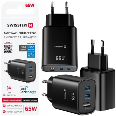 Zdjęcie produktu dla Szybka Ładowarka podróżna SWISSTEN GaN 2x USB-C PD 65W USB-A QC 18W