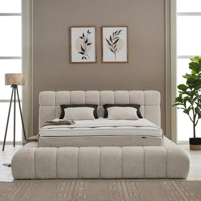 Produktbild von Boxspringbett Raina 180 x 200 cm mit Poof Beige Voll-orthopädisches Komfortbett mit Bettkasten, inkl. Lieferung und Montage