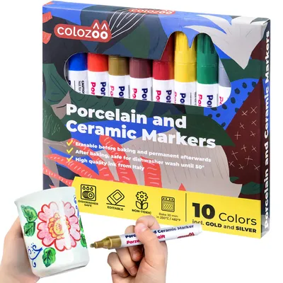 Produktbild von colozoo Porzellanstifte Spülmaschinenfest | 10 leuchtende Keramikstifte Farben | Glasmalstifte Spülmaschinenfest inklusive Schwarz, Gold & Silber | Ungiftige und Vegane Farben