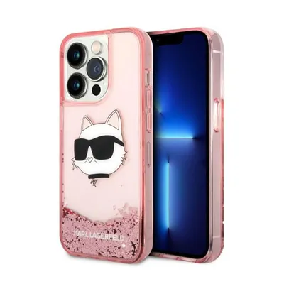 A pink iPhone 14 Pro Max case with a glitter design and a Choupette Head graphic is shown next to an iPhone 14 Pro Max.