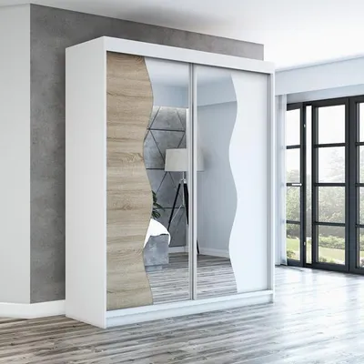 Produktbild von Schwebetürenschrank, 2-türig Schrank RIMA 180 cm (mit Spiegel) (Weiß / sonoma / weiß)