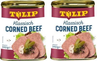 Two cans of Tulip Corned Beef.