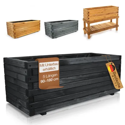 Produktbild von Pflanzkasten Holz mit Vlies 180x42x38cm schwarz - XXL Blumenkasten rechteckig in 5 Größen aus imprägniertem Kiefernholz