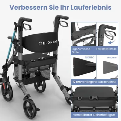 Produktbild von ELONEO 2in1 Rollstuhl Rollator faltbar und leicht mit Sitz, Outdoor Rollator Rollstuhl faltbar, Aluminium Gehhilfe für Senioren - Grau