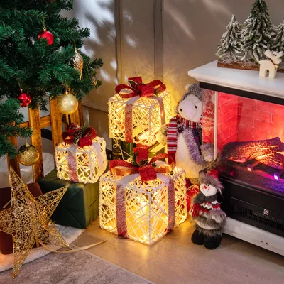Obrázok produktu pre COSTWAY sada 3 darčekových krabíc, darčeky na batérie s červenými mašľami, 60 LED diód a 6-hodinový časovač, svetelná vianočná dekorácia
